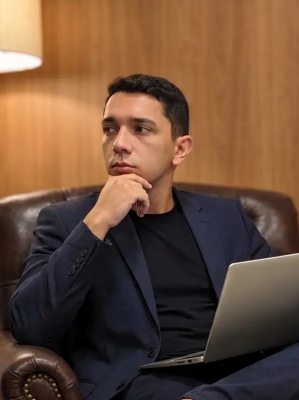 Vitor Pimentel, criador do SlideSapiens, sentado numa poltrona